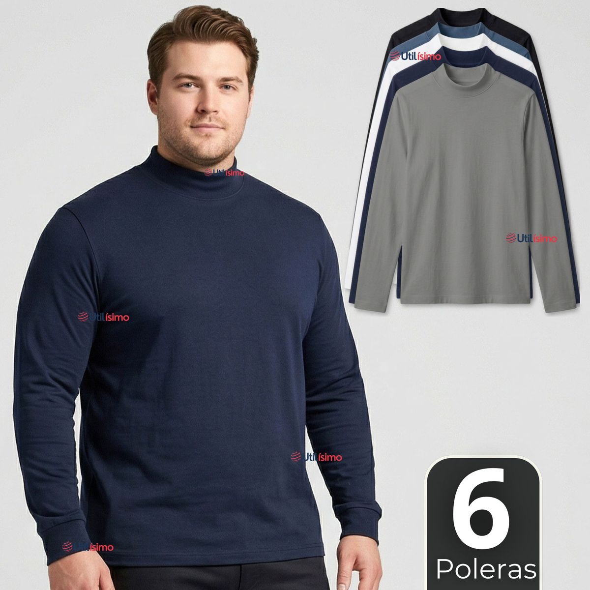 UTILISIMO - Pack 6 Camisetas Poleras Polar Primera Capa Cuello Beatle Manga Larga Colores Surtidos Hombre