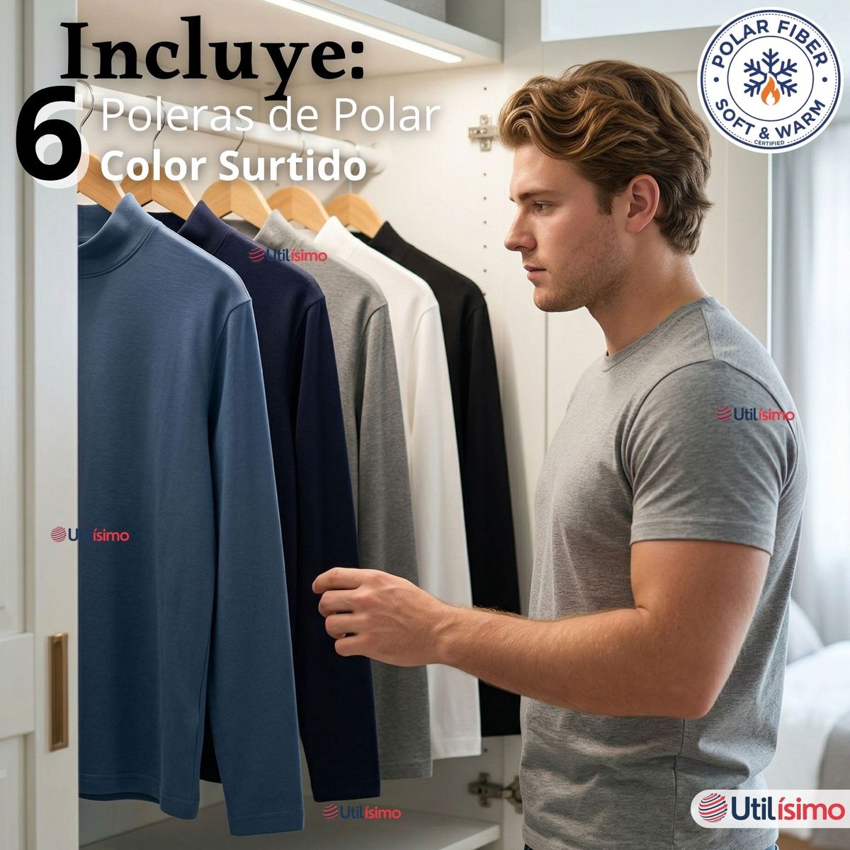 UTILISIMO - Pack 6 Camisetas Poleras Polar Primera Capa Cuello Beatle Manga Larga Colores Surtidos Hombre