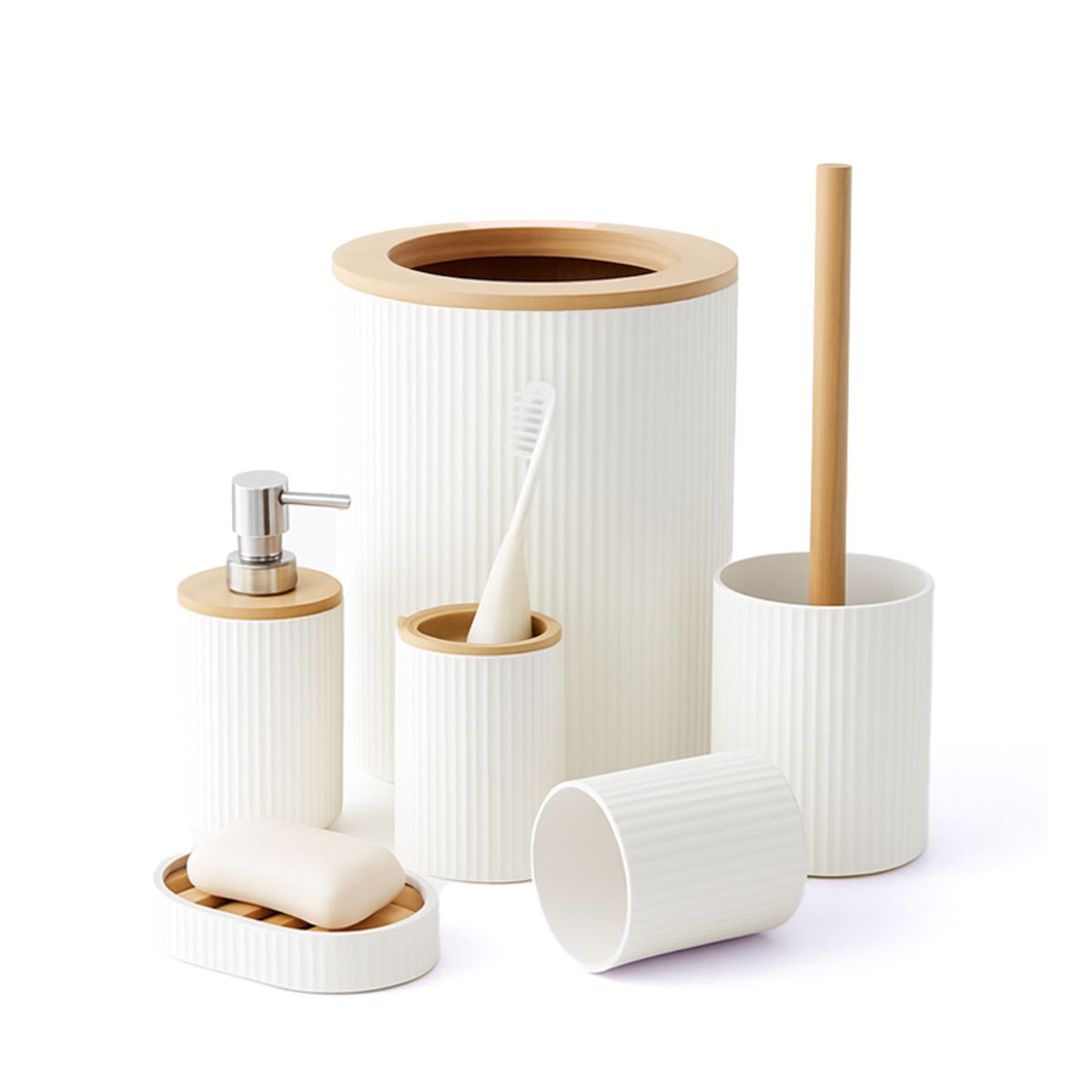 GENERICO - Set 6 Accesorios Para Baño Diseño Estriado Con Detalles Tipo Madera