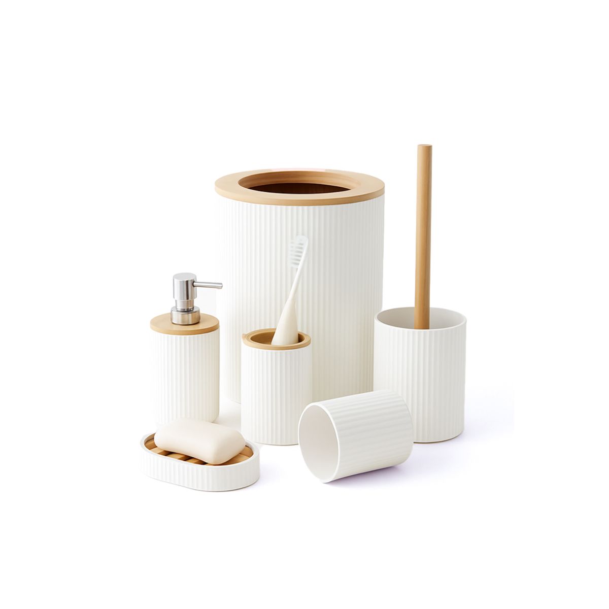 GENERICO - Set 6 Accesorios Para Baño Diseño Estriado Con Detalles Tipo Madera