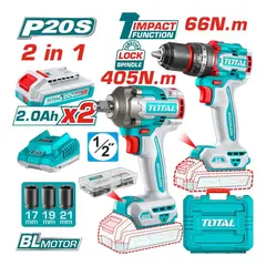 TOTAL TOOLS - Combo Total 20V Taladro Percutor Llave Impacto 2 Baterías