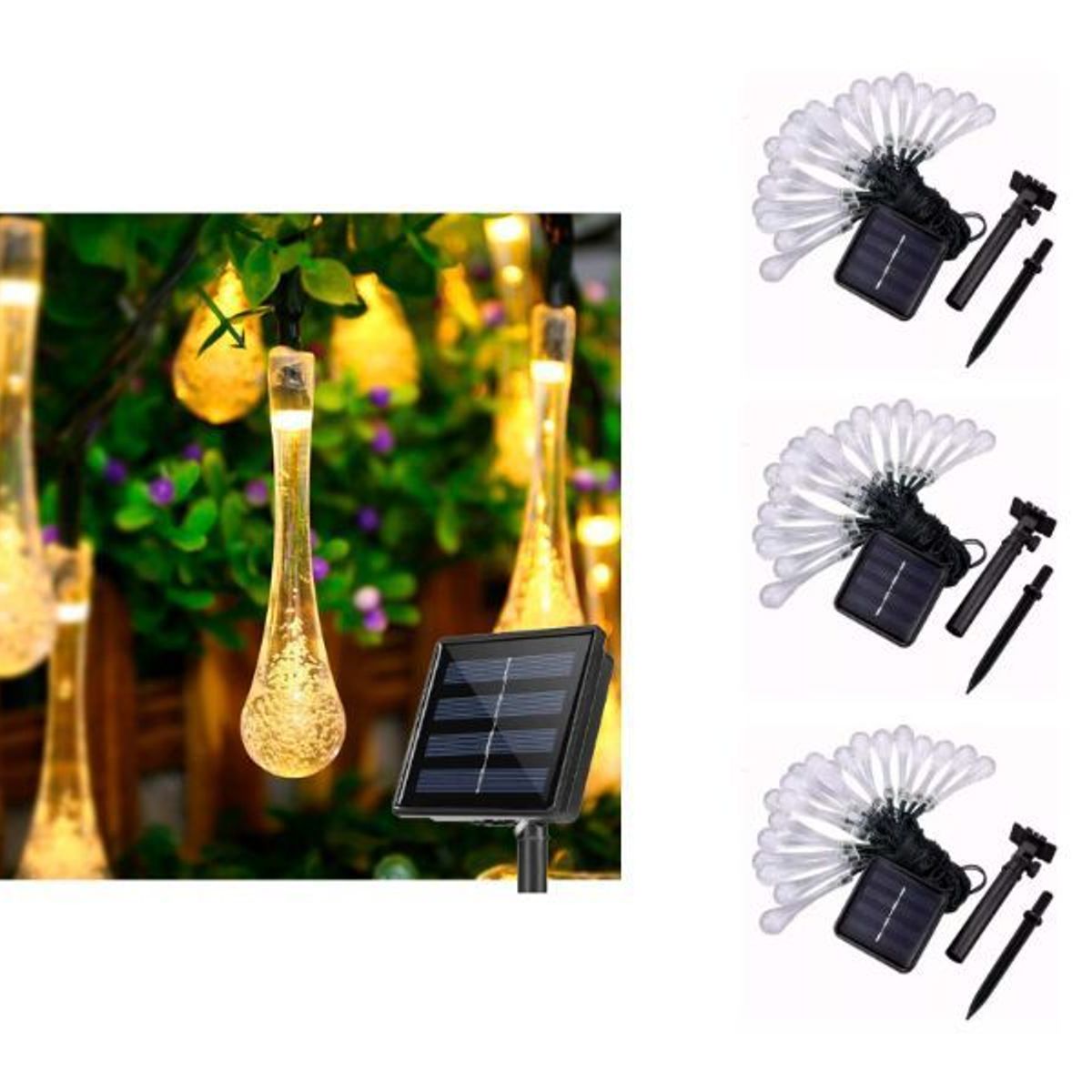 GENERICO - Pack X3 Guirnalda Gota De Agua Luz Led cálida Solar