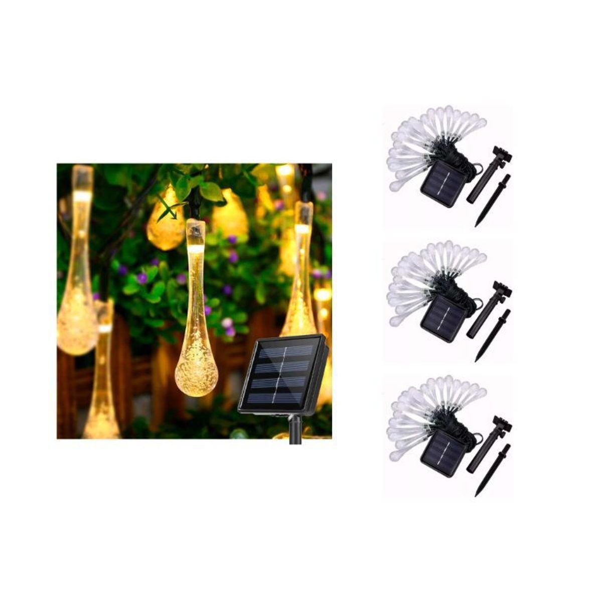 GENERICO - Pack X3 Guirnalda Gota De Agua Luz Led cálida Solar