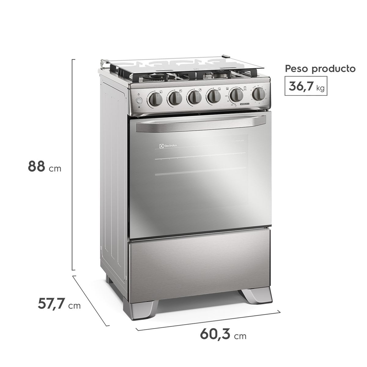 ELECTROLUX - Cocina a Gas 4 Platos VaporBake, Triple Llama y Grill FE4SXC Inox