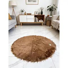 GENERICO - ALFOMBRA REDONDA PELUDA 120cm X 120cm ANTIDESLIZANTE COLOR CAFE PELO LARGO