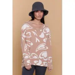 GUINDA - Sweater Mujer Oversize Cuello V Diseño Corazones SILK
