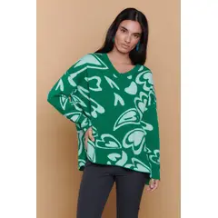 GUINDA - Sweater Mujer Oversize Cuello V Diseño Corazones SILK