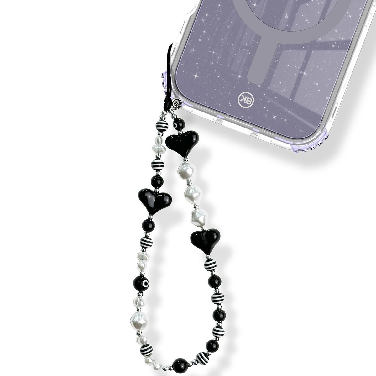KBOD - Colgante Strap Diseños Y Colores Kbod Para Teléfonos Celular Corazon Negro Perlas