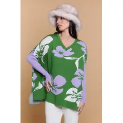 GUINDA - Sweater Mujer Oversize Cuello V Diseño Floral RAY