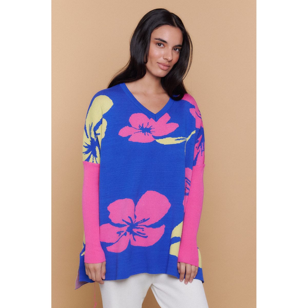 GUINDA - Sweater Mujer Oversize Cuello V Diseño Floral RAY