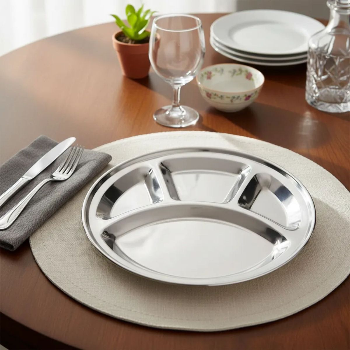 GENERICO - Plato Bandeja Con Divisiones Acero Inoxidable 32cm
