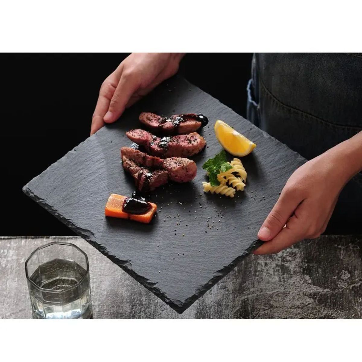 GENERICO - Plato Piedra Pizarra Cuadardo 20x20 cm Tabla para Picoteo Gourmet