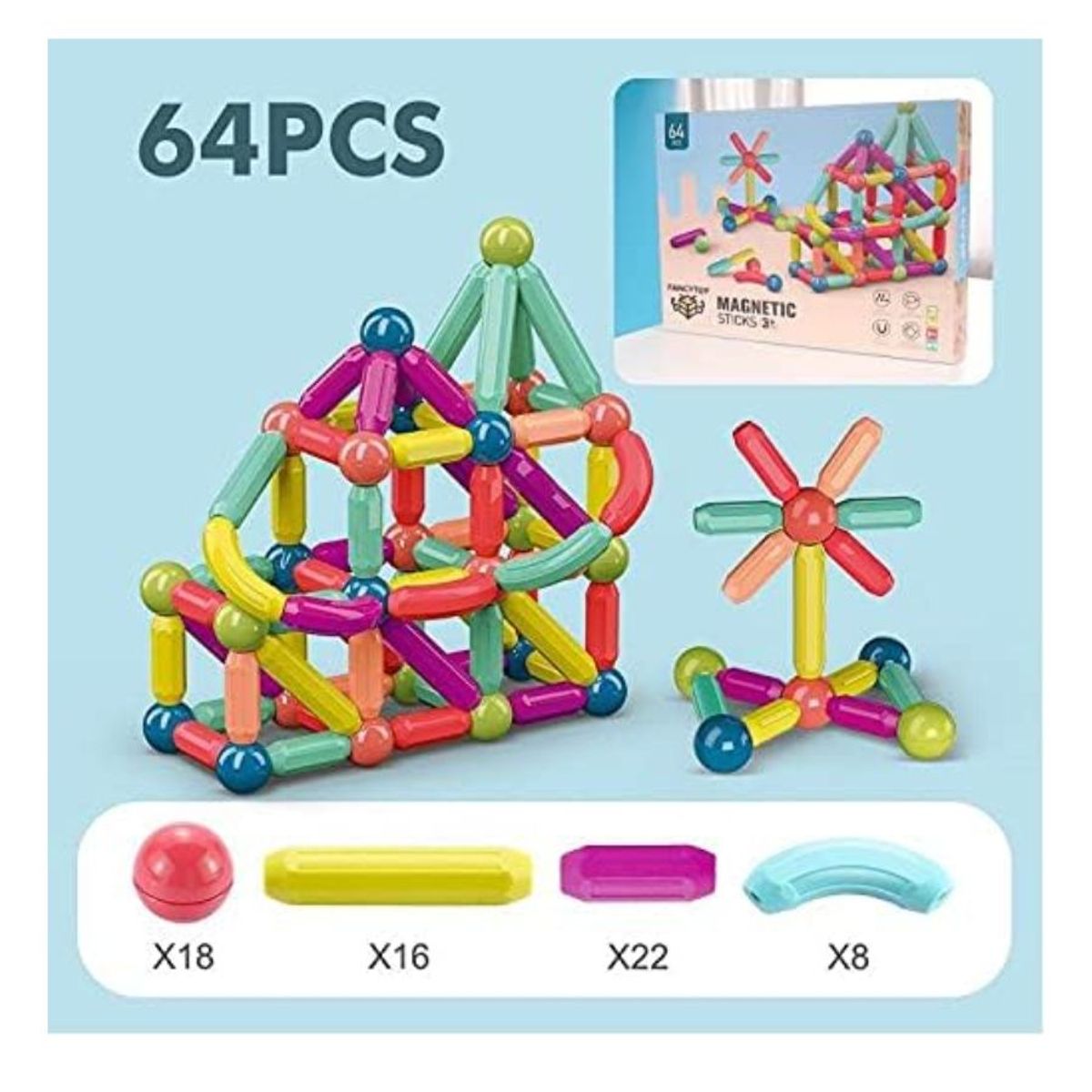 GENERICO - Juego De Bloques 64 Piezas Construcción Magnético Para Niños