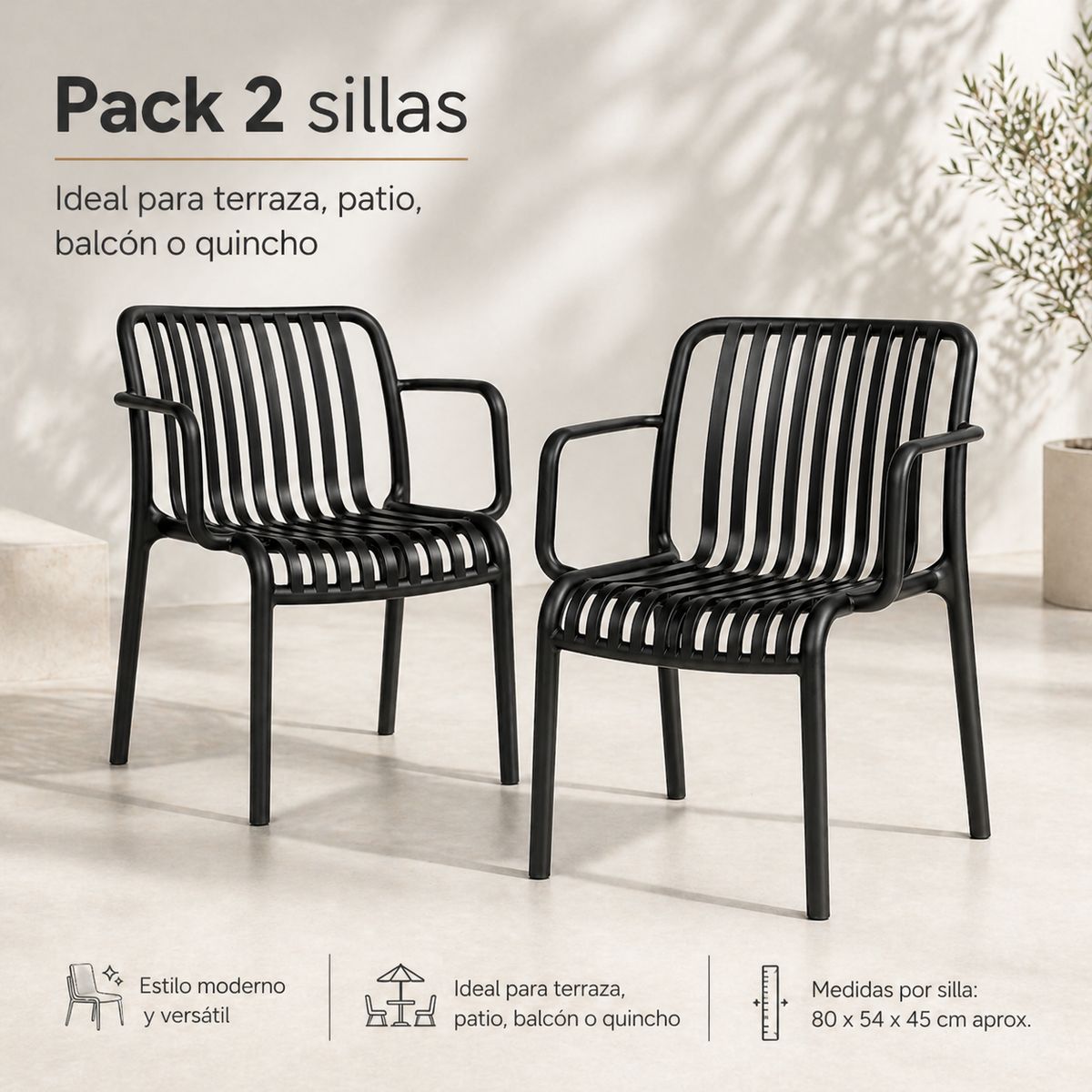SPACE HOME - Dúo Sillas Terraza Negra Olimpo Con Brazos Para Exterior