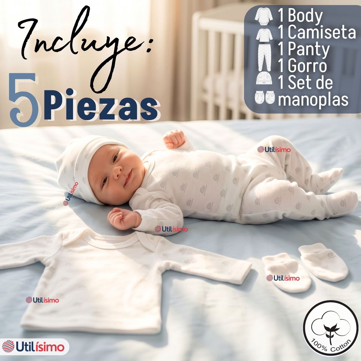 JUMP KIDS - Conjunto Set 5 Piezas Body Camiseta Panty Gorro Manoplas Algodón Bebé Niño