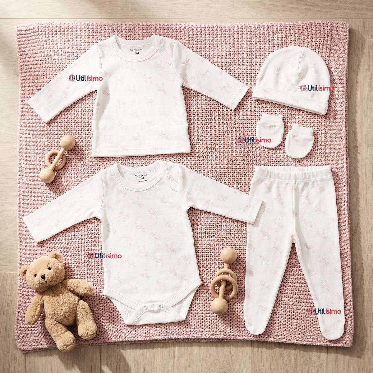 JUMP KIDS - Conjunto Set 5 Piezas Body Camiseta Panty Gorro Manoplas Algodón Bebé Niña