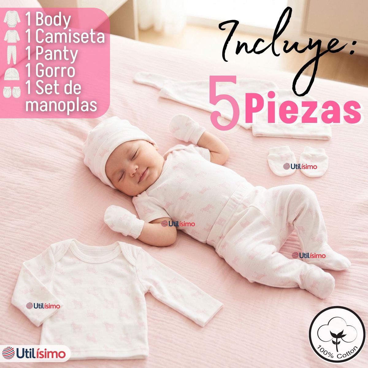 JUMP KIDS - Conjunto Set 5 Piezas Body Camiseta Panty Gorro Manoplas Algodón Bebé Niña