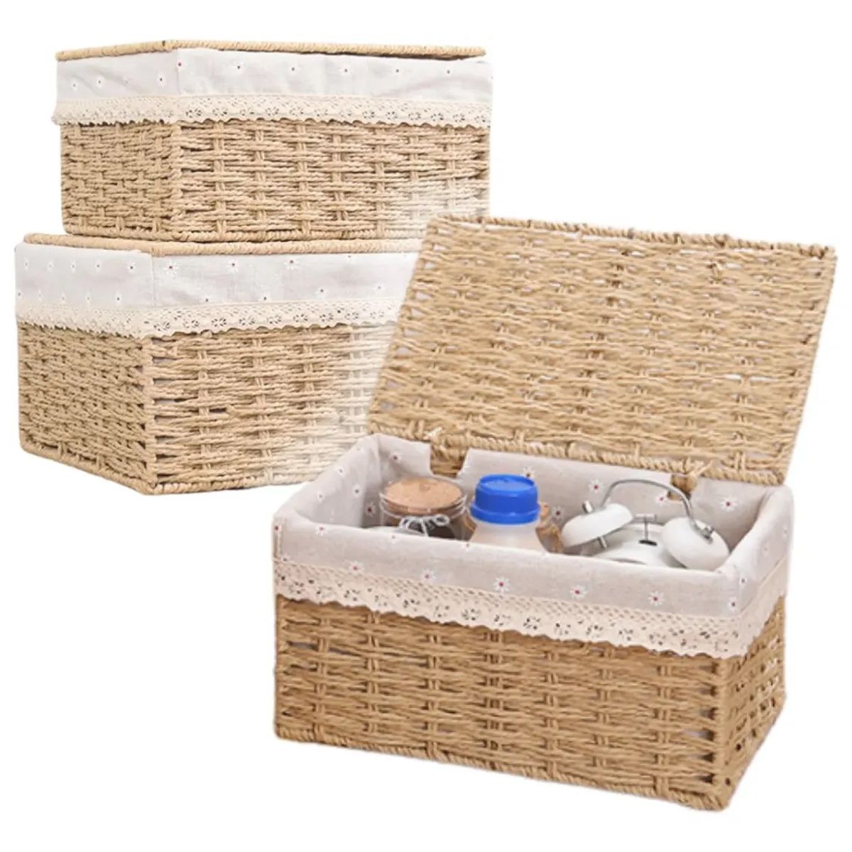 GENERICO - 2 Set Cesta Almacenamiento Tejida Mimbre Con Tapa Decorativa BELUG