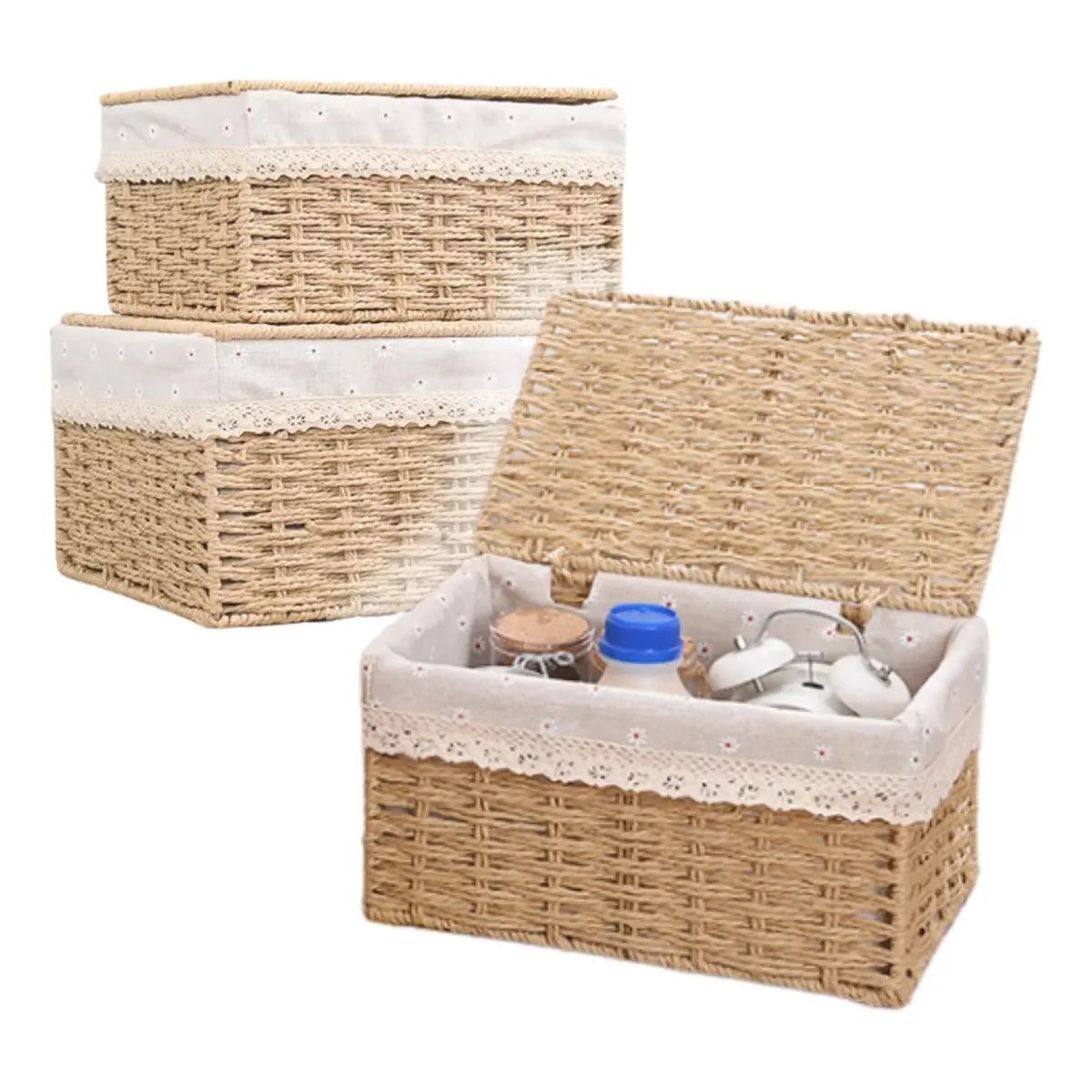 GENERICO - 2 Set Cesta Almacenamiento Tejida Mimbre Con Tapa Decorativa BELUG