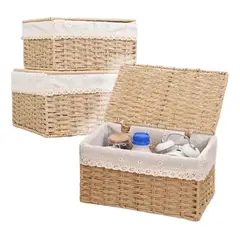 GENERICO - 2 Set Cesta Almacenamiento Tejida Mimbre Con Tapa Decorativa BELUG