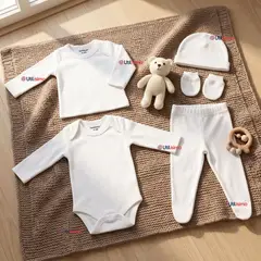 JUMP KIDS - Conjunto Set 5 Piezas Body Camiseta Panty Gorro Manoplas Algodón Blanco Bebé Unisex