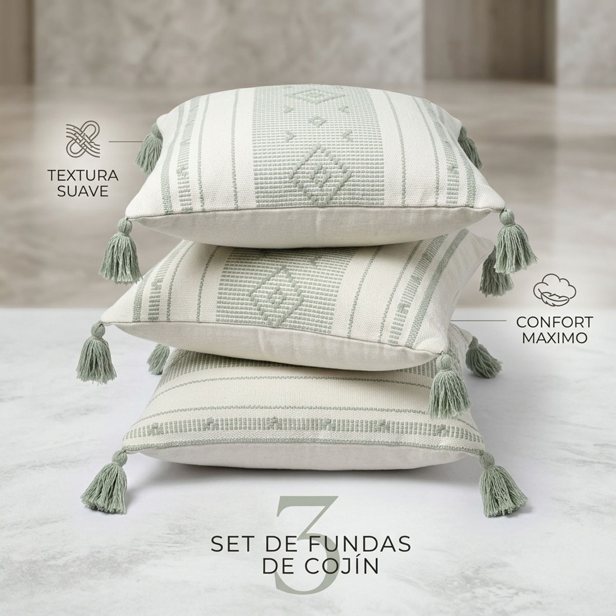 ARMONIA - Pack 3 Fundas Croche Borlas Verde 750 Set Decorativo Calidad Premium