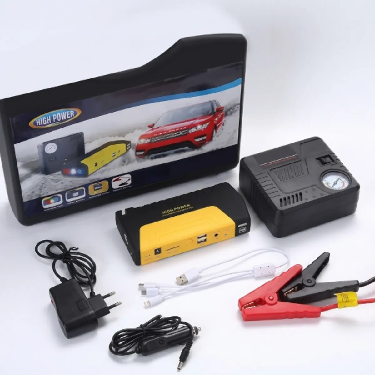 TASBEL - Kit Partidor Bateria Auto Jump Starter Compresor Aire Portatil Power Bank USB Emergencia