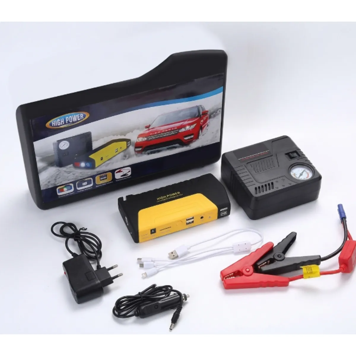 TASBEL - Kit Partidor Bateria Auto Jump Starter Compresor Aire Portatil Power Bank USB Emergencia