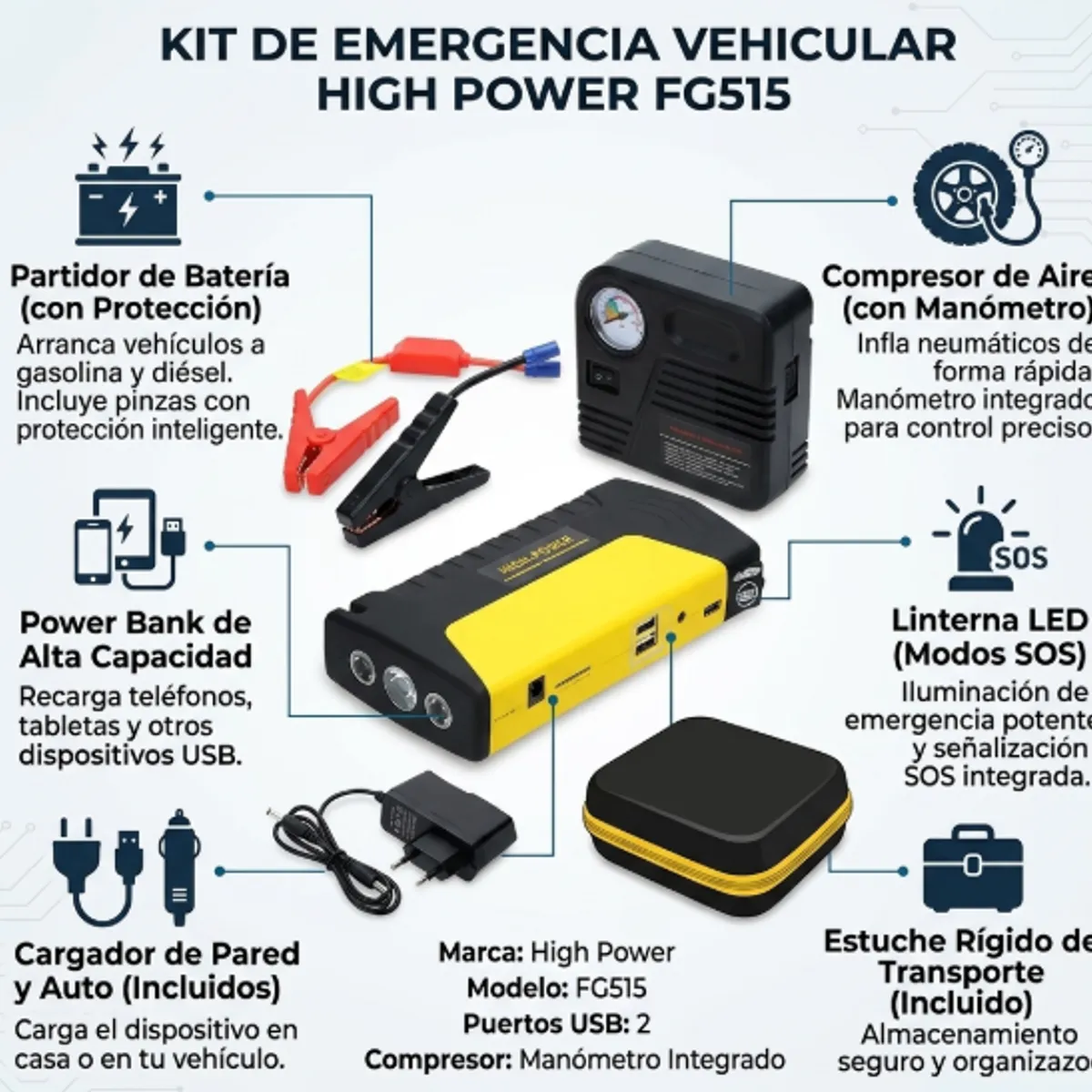 TASBEL - Kit Partidor Bateria Auto Jump Starter Compresor Aire Portatil Power Bank USB Emergencia