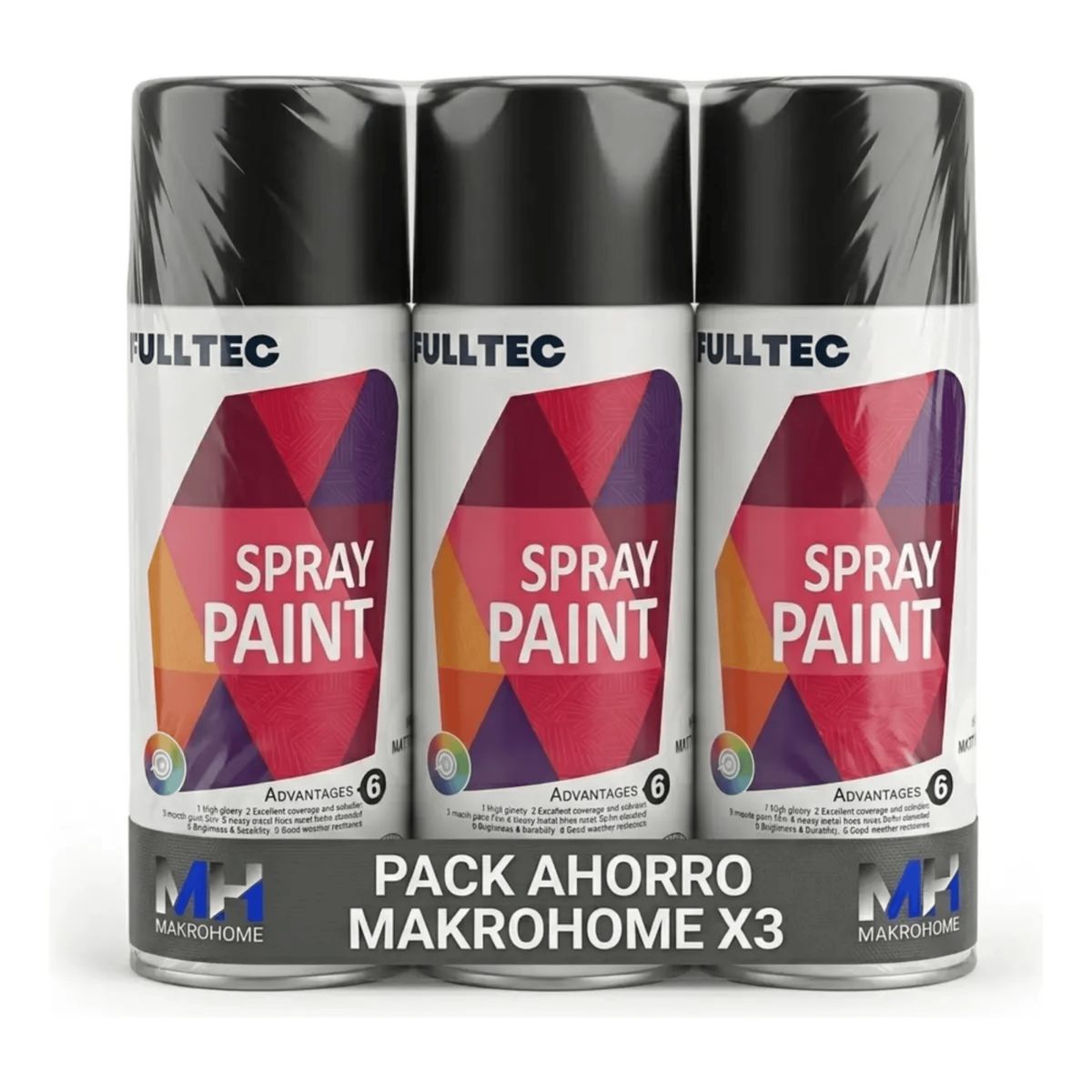 FULLTEC - Pack X3 Spray Tela Madera Metal Plastico Vehicular Negro Mate