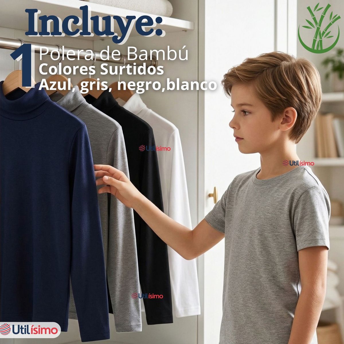 UTILISIMO - Camiseta Polera Bambú Primera Capa Cuello Beatle Manga Larga Colores Surtidos Niño