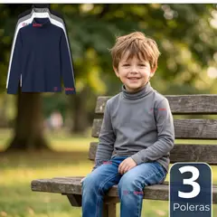 UTILISIMO - Pack 3 Camisetas Poleras Bambú Primera Capa Cuello Beatle Manga Larga Colores Surtidos Niño
