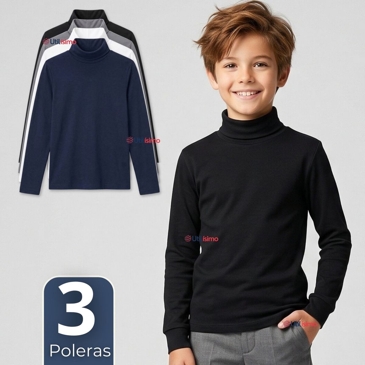UTILISIMO - Pack 3 Camisetas Poleras Bambú Primera Capa Cuello Beatle Manga Larga Colores Surtidos Niño
