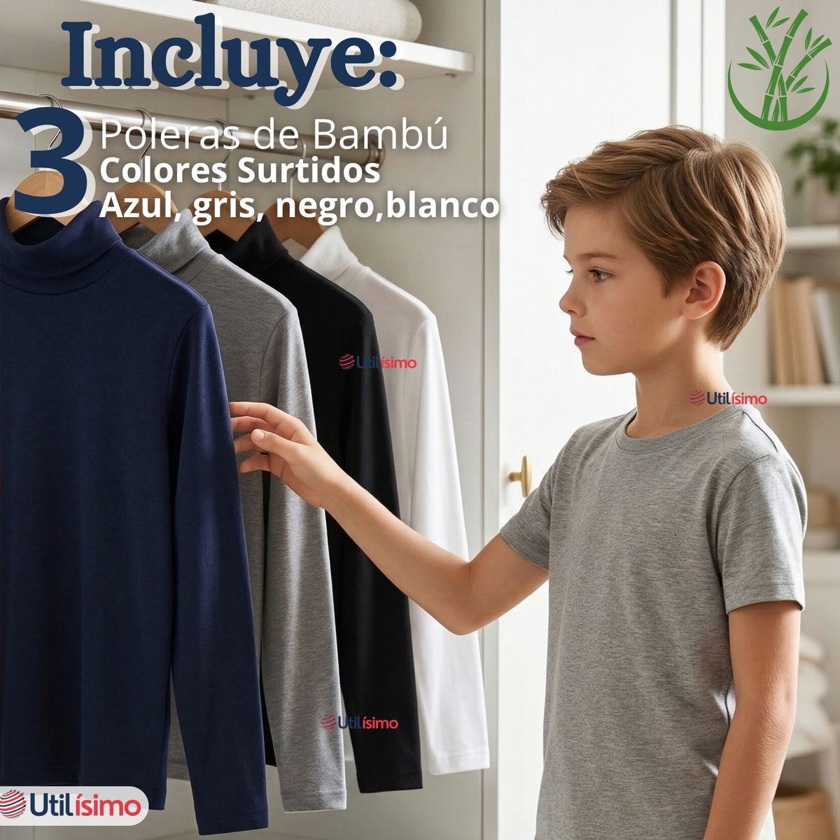 UTILISIMO - Pack 3 Camisetas Poleras Bambú Primera Capa Cuello Beatle Manga Larga Colores Surtidos Niño