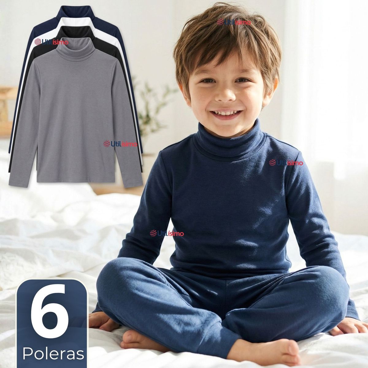 UTILISIMO - Pack 6 Camisetas Poleras Bambú Primera Capa Cuello Beatle Manga Larga Colores Surtidos Niño