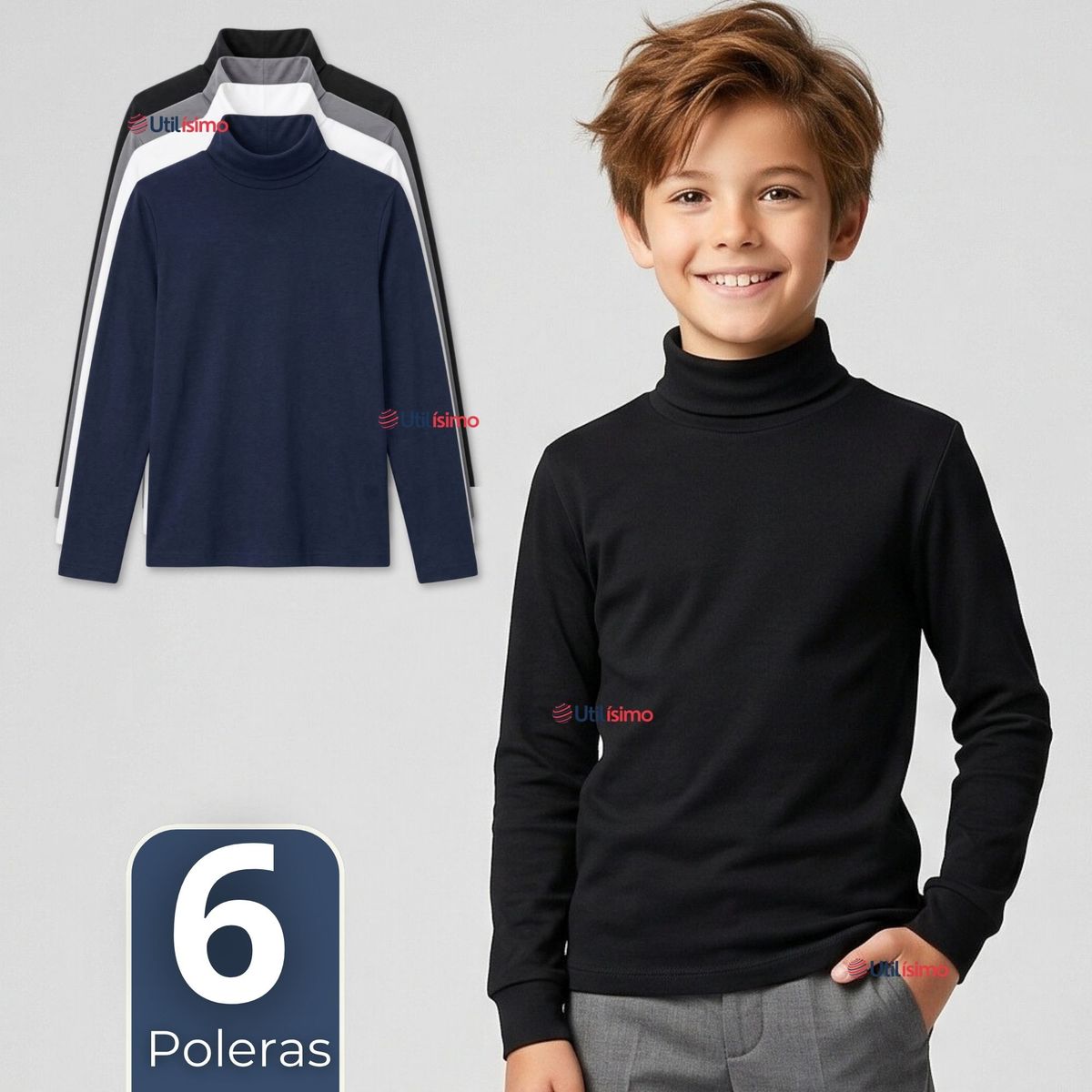 UTILISIMO - Pack 6 Camisetas Poleras Bambú Primera Capa Cuello Beatle Manga Larga Colores Surtidos Niño