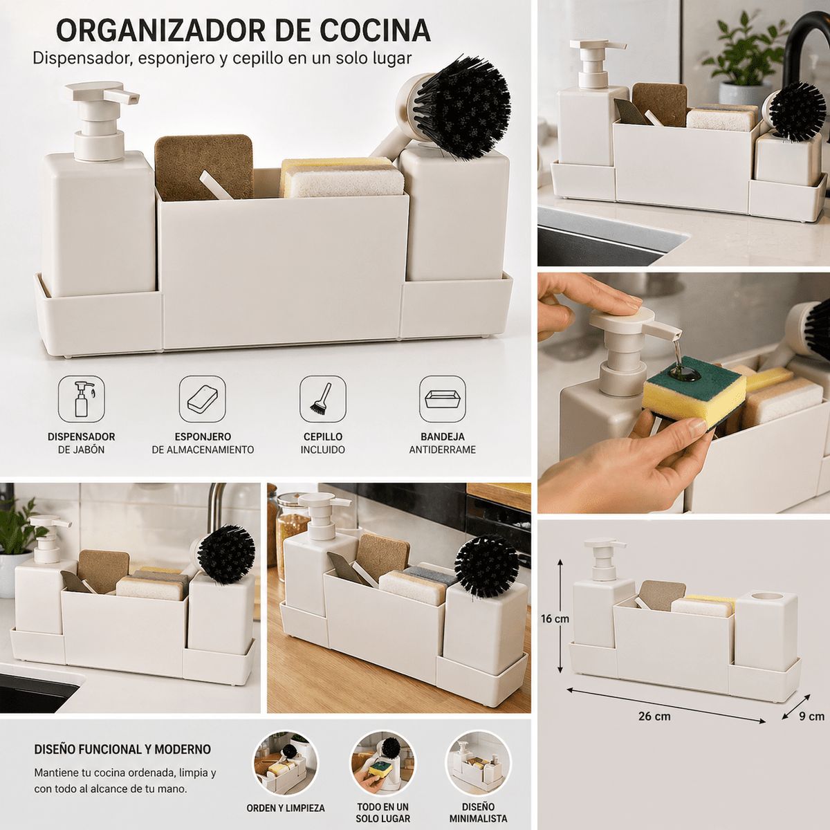 GENERICO - Organizador Fregadero Con Dispensador Jabon Y Porta Esponja
