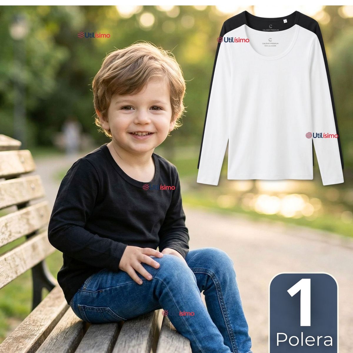 UTILISIMO - Camiseta Polera Algodón Primera Capa Manga Larga Blanco Negro Niño