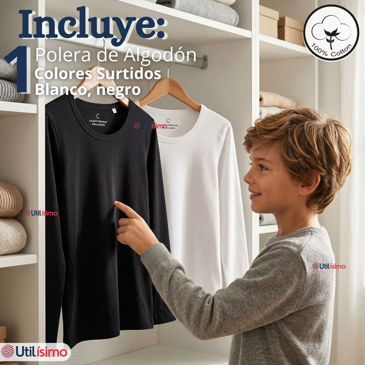 UTILISIMO - Camiseta Polera Algodón Primera Capa Manga Larga Blanco Negro Niño
