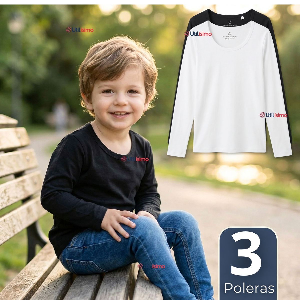UTILISIMO - Pack 3 Camisetas Poleras Algodón Primera Capa Manga Larga Blanco Negro Niño