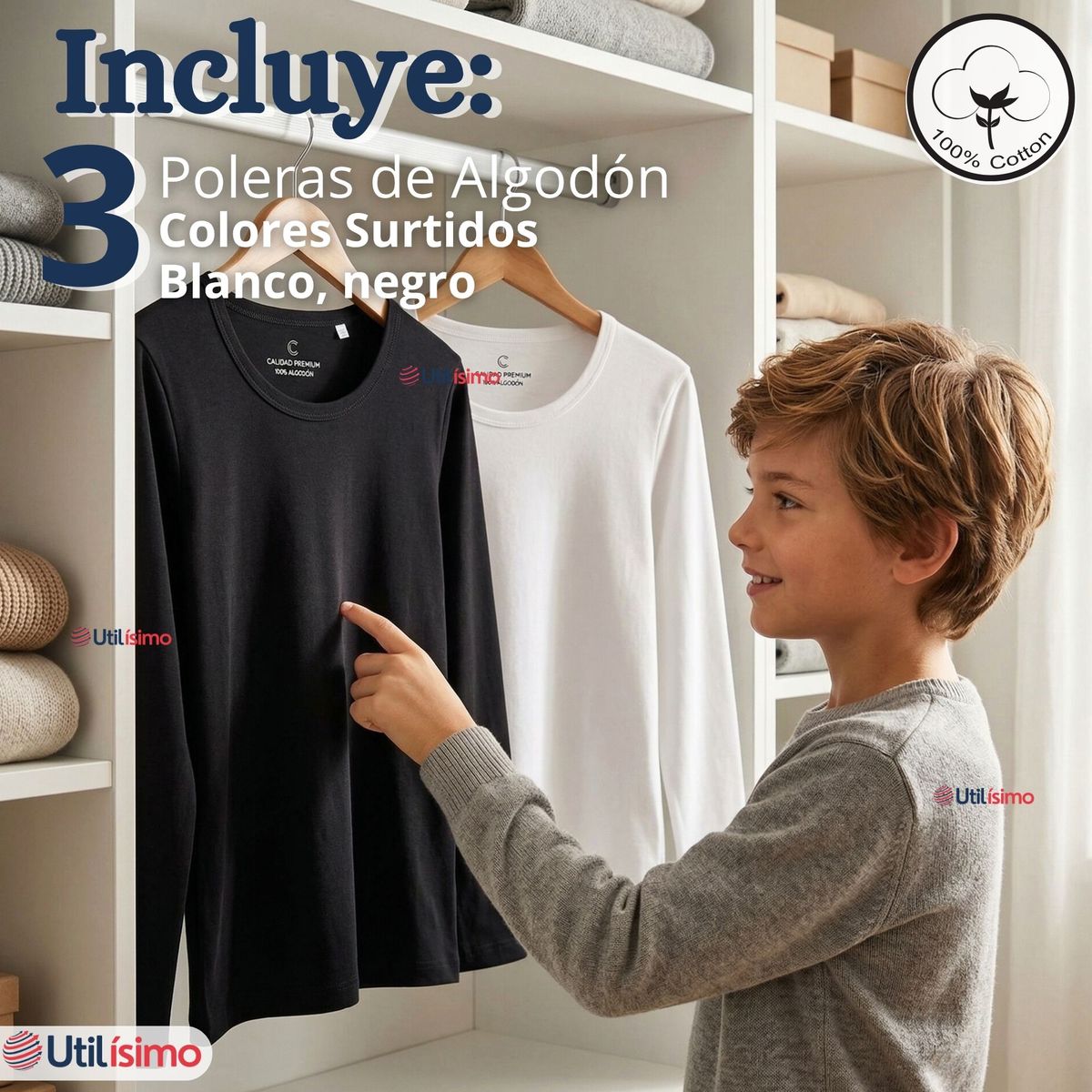 UTILISIMO - Pack 3 Camisetas Poleras Algodón Primera Capa Manga Larga Blanco Negro Niño