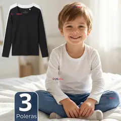 UTILISIMO - Pack 3 Camisetas Poleras Algodón Primera Capa Manga Larga Blanco Negro Niño