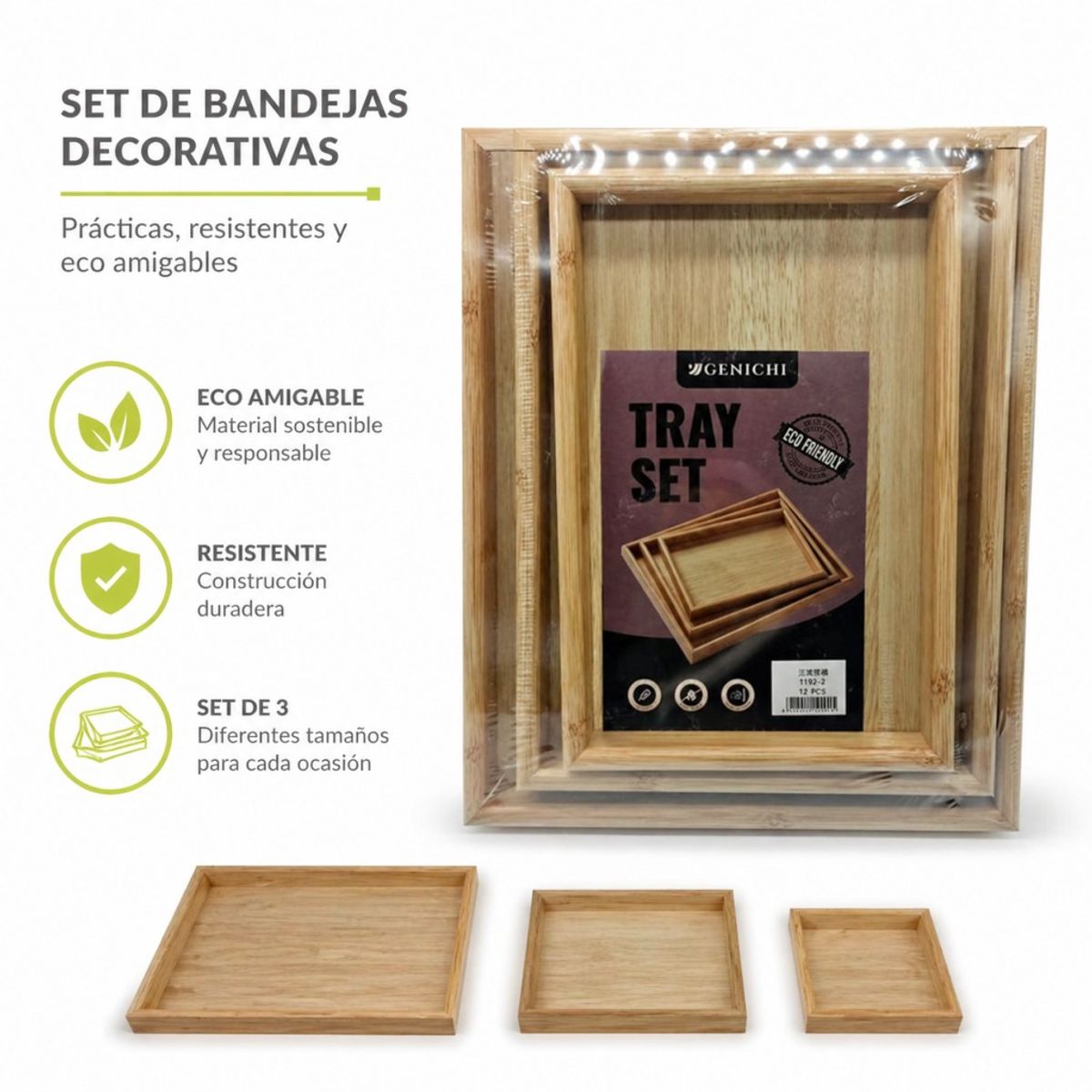GENERICO - Bandejas de Bambú 3 piezas, Apilables y Ecológicas