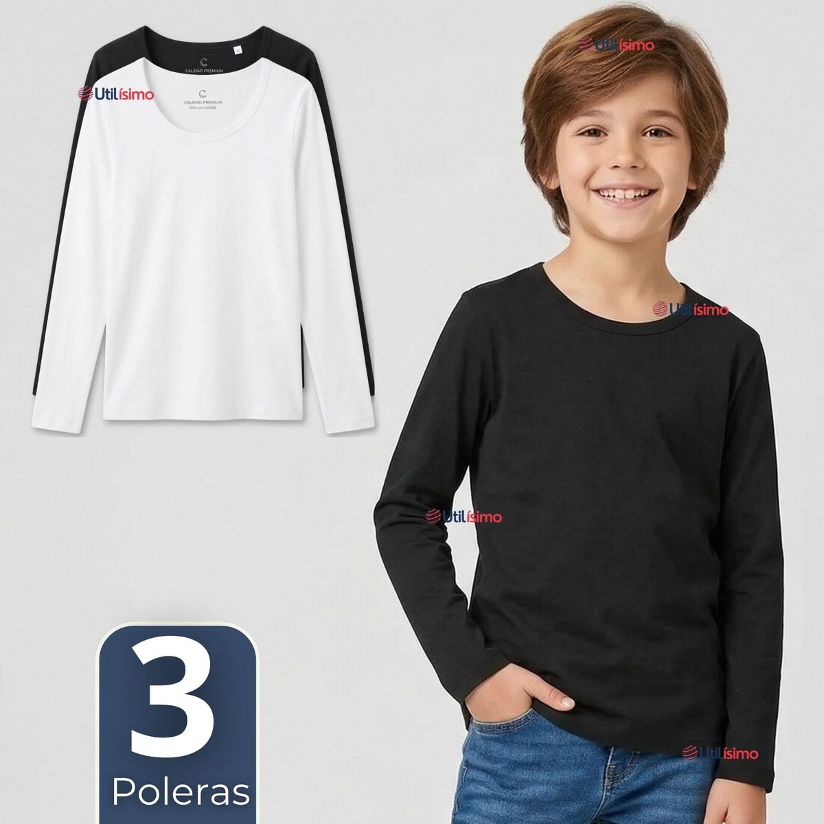 UTILISIMO - Pack 3 Camisetas Poleras Algodón Primera Capa Manga Larga Blanco Negro Niño