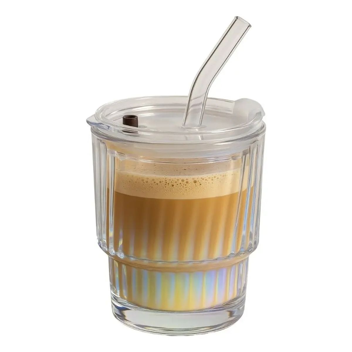 GENERICO - Taza Vidrio Cafe Helado Bombilla Tapa Tornasol Transparente Pro