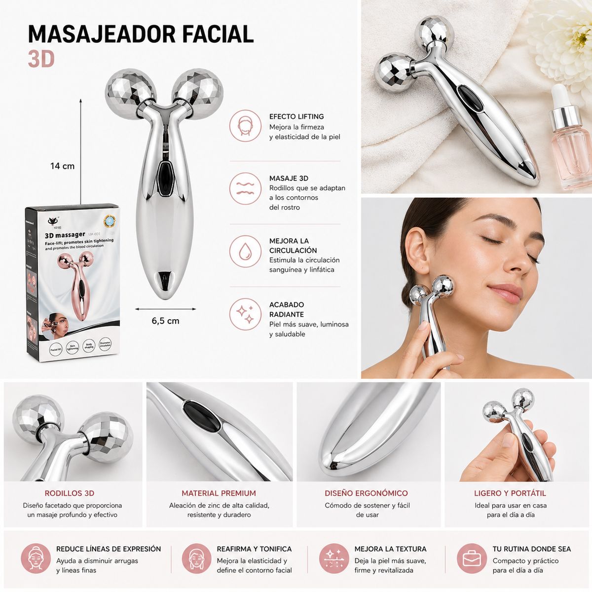 GENERICO - Masajeador Facial 3D Rodillo Doble Reafirmante Piel Rostro