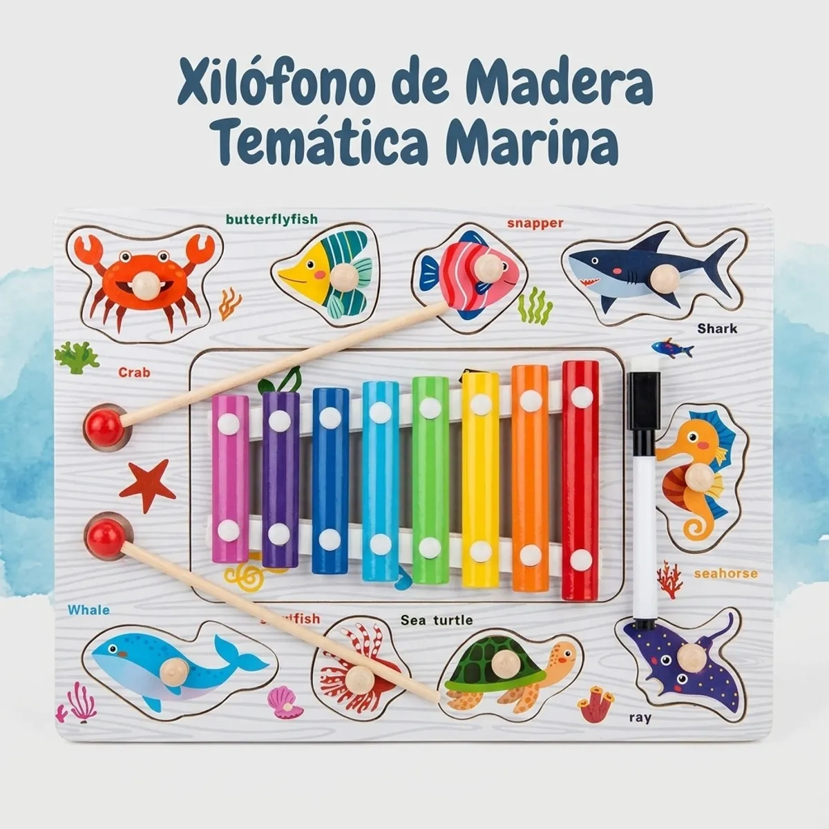 GENERICO - Xilófono Infantil de Madera con Rompecabezas Oceánico