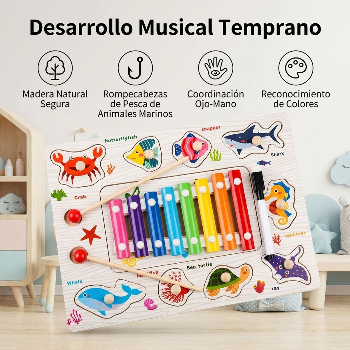 GENERICO - Xilófono Infantil de Madera con Rompecabezas Oceánico