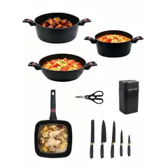 YOLIKITCHEN - Juego de Ollas Antiadherente Mármol 14 Pzs Batería de Cocina con Cuchillos Negro Rojo