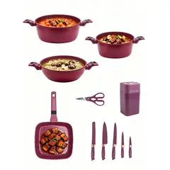YOLIKITCHEN - Juego de Ollas Antiadherente Mármol 14 Pzs Batería de Cocina con Cuchillos Negro Rojo
